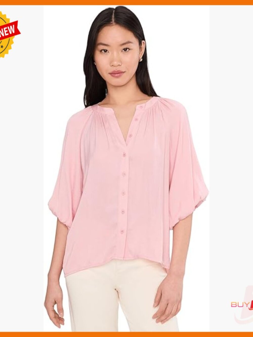 Relaxed Fit Polyester Blouse With Bubble Sleeves And Button Front